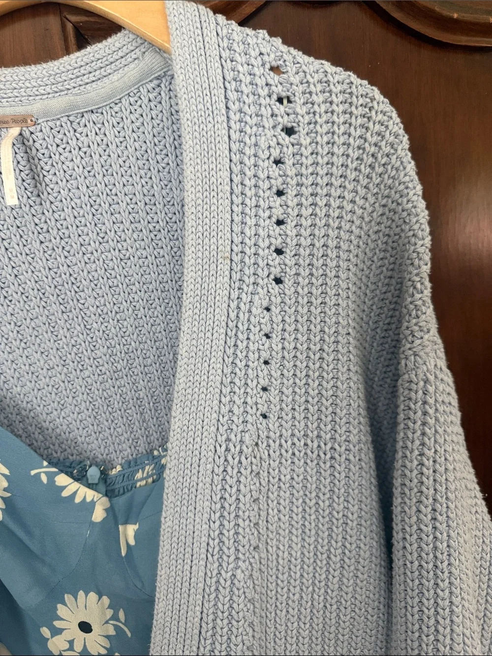 Free People Dare To Dream Light Blue Chunky Cotton Knit Open Cardigan Sweater M